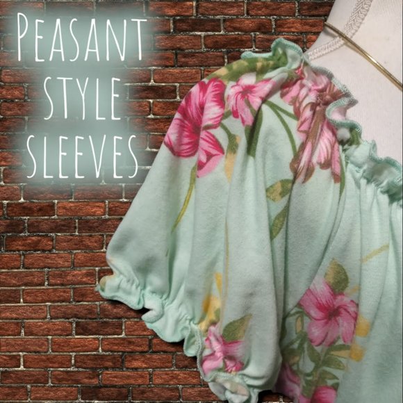 Off Shoulder Mint Green Floral Hi-Lo Dress w/Black Embroidery Accenting Waist - Picture 4 of 8